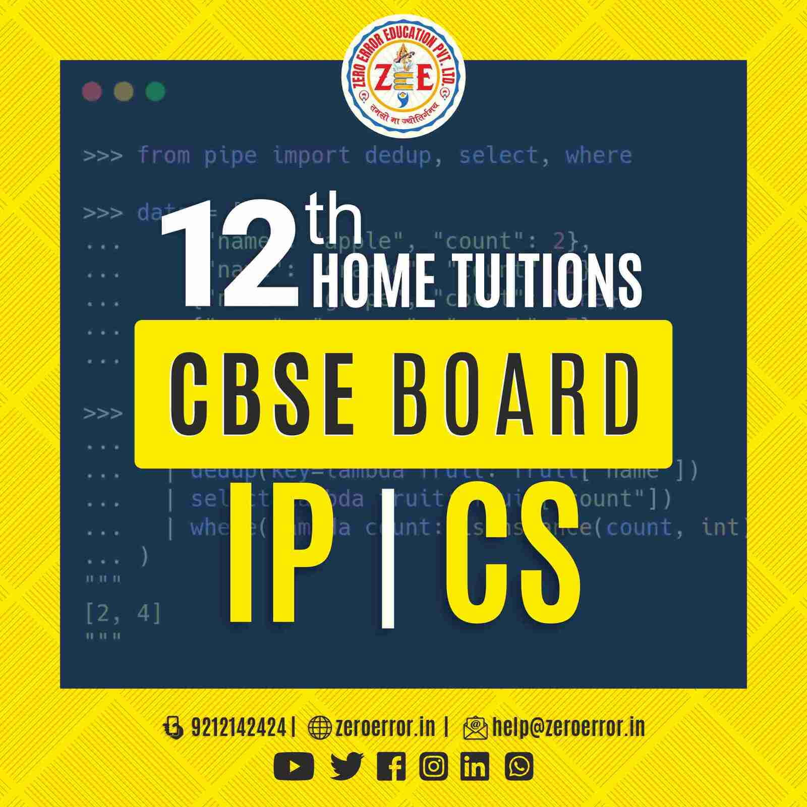 12th Grade CBSE IP | CS Online Classes by Zero Error Education Prepare for your CBSE board exams with online and offline IP | CS classes for 12th grade. Learn from experienced home tutors and get all the help you need to succeed. Enroll today at Zero Error Education. [https://zeroerror.in/] Call 9212142424 for more information.